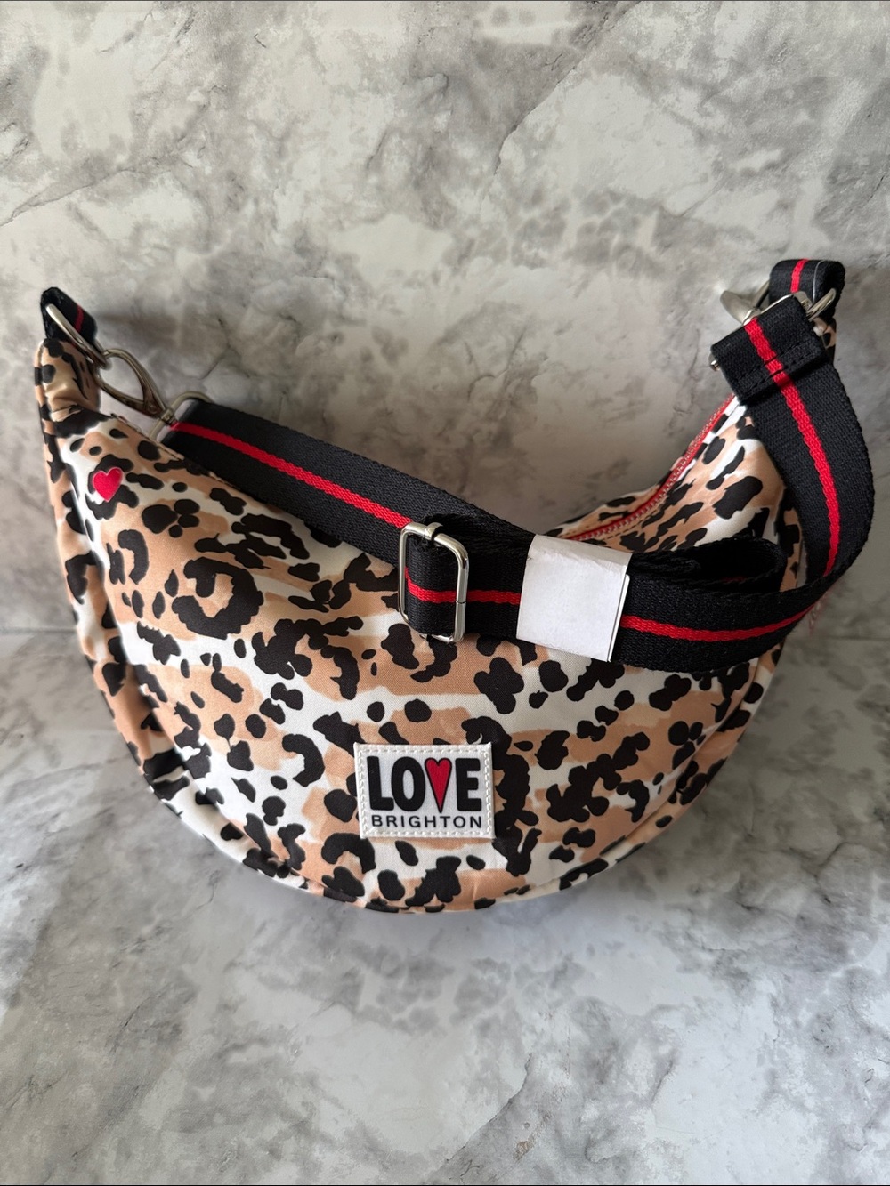 Love Brighton Leopard Print Crossbody Bag with Striped Strap
